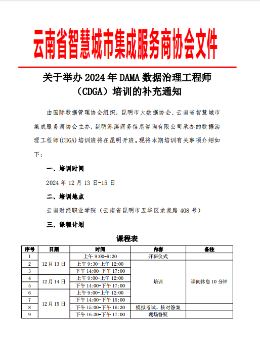 关于举办 2024 年 DAMA 数据治理工程师 （CDGA）培训的补充通知